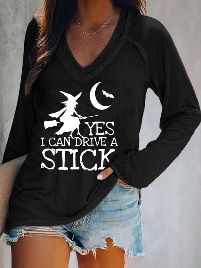 Women's Yes I Can Drive A Stick Print Long Sleeve Casual T-Shirt
