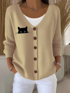 Women's Autumn Cute Black Cat Print Casual Sweater Cardigan
