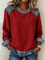 Women's Casual Round Neck Denim Waffle Pullover Sweatshirt