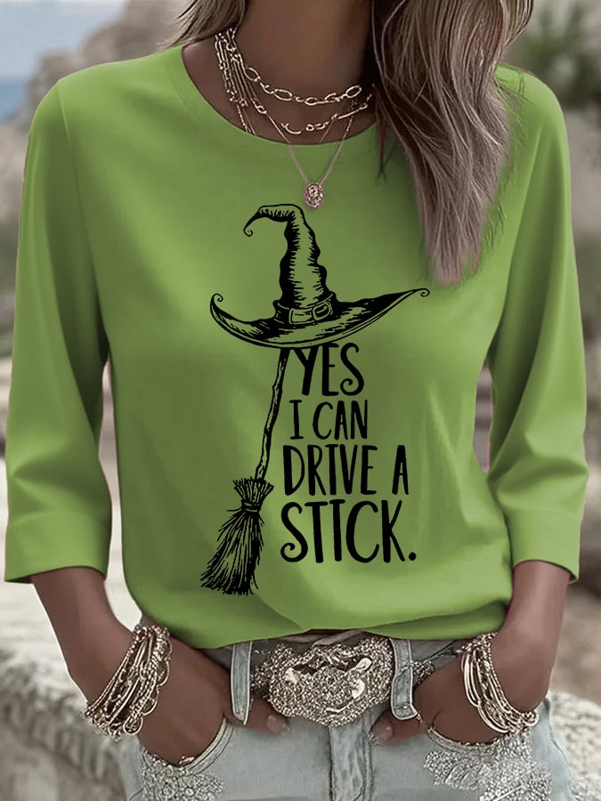 Women's Yes I Can Drive A Stick Printed Round Neck T-Shirt