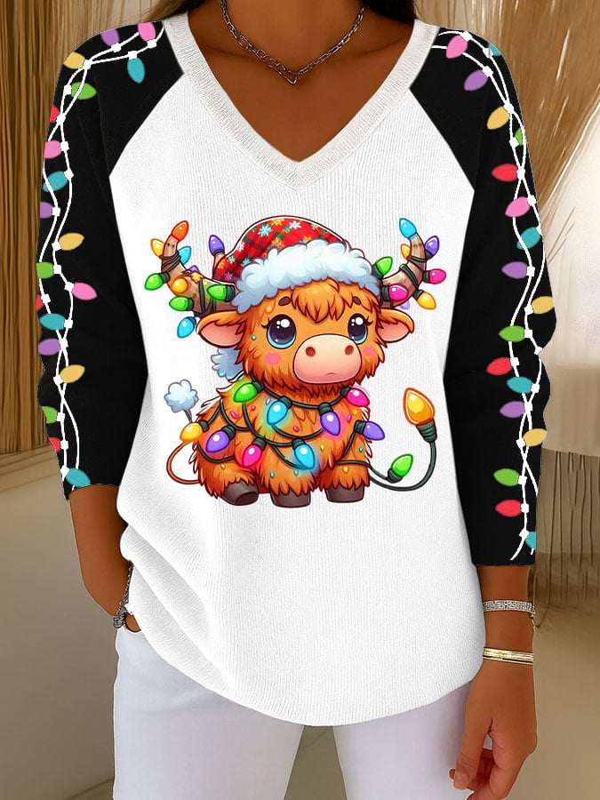 Women's Retro Fun Christmas Highland Cow Light String Print Top