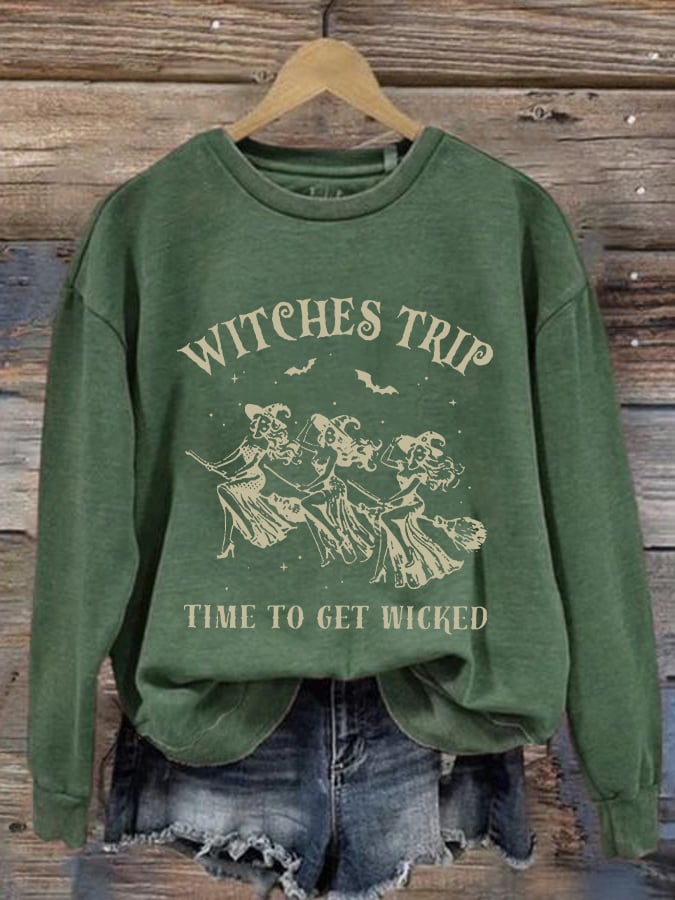 Women's Girls Trip Salem Witch Print Round Neck Sweatshirt