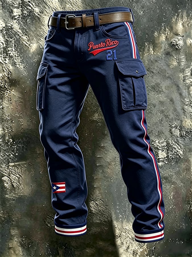 Men's Puerto Rico Baseball Printed Multi-Pocket Cargo Casual Pants