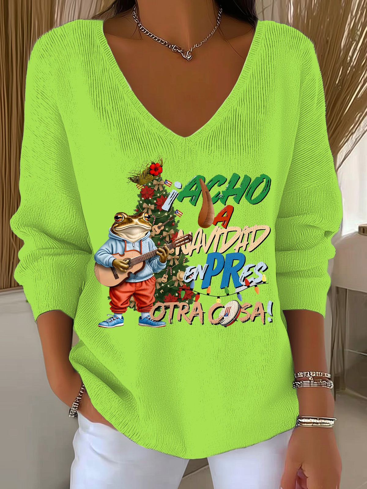 Puerto Rico Navidades Boricuas Printed Printed Long Sleeve Top