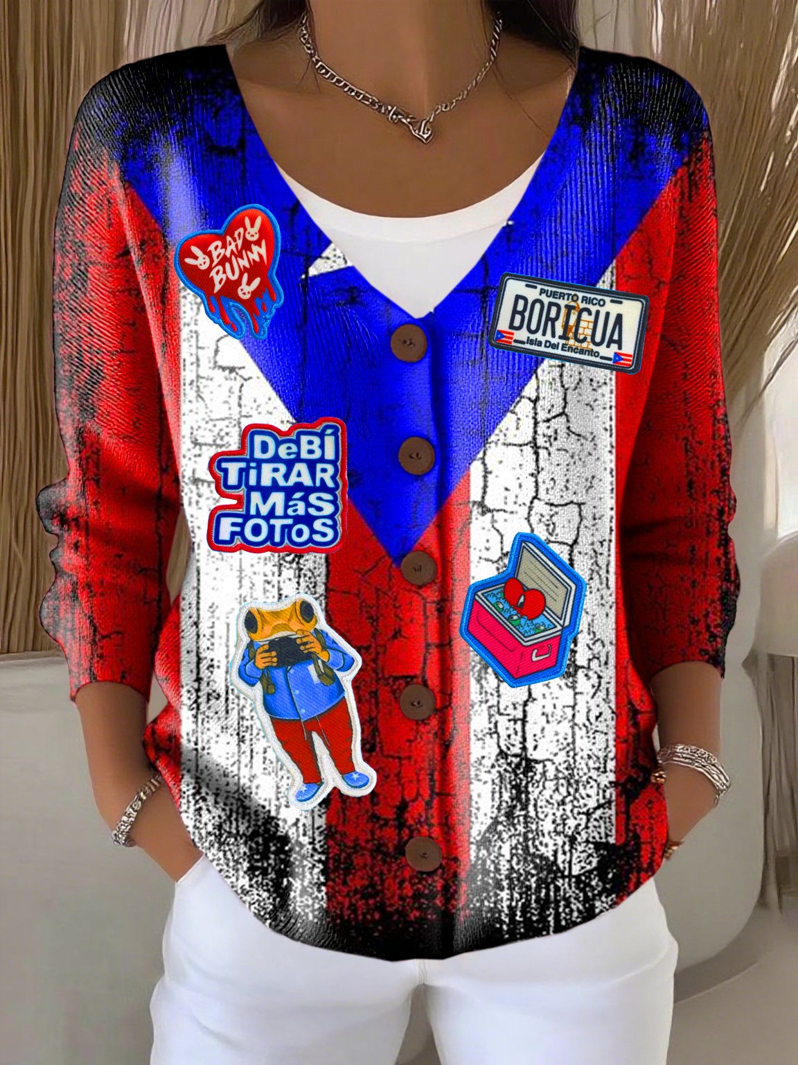 Women's Puerto Rican Flag Print Thick Needle Striped Cardigan