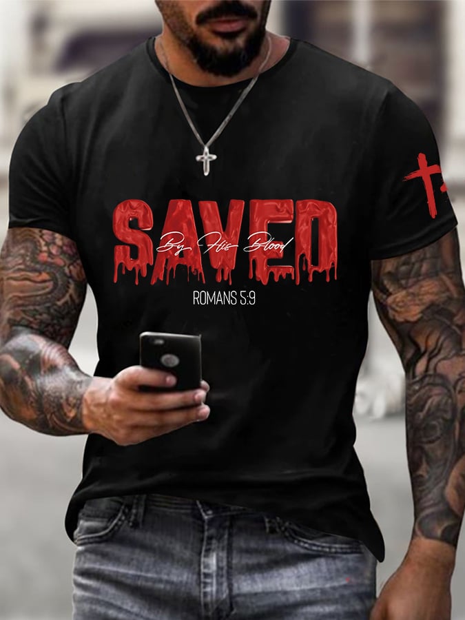 Men's Saved By His Blood Print Casual T-shirt