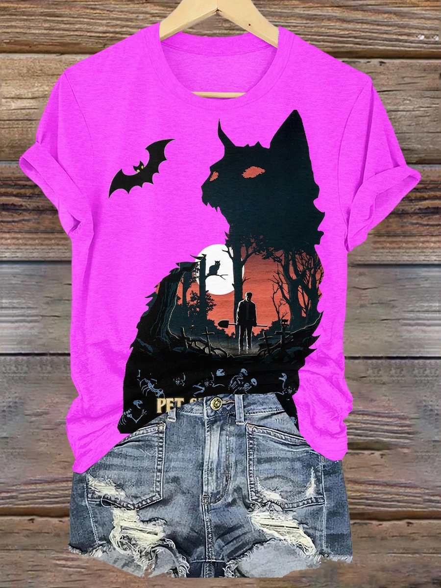 Halloween Evil Black Cat Color Casual Print Crew Neck T-shirt