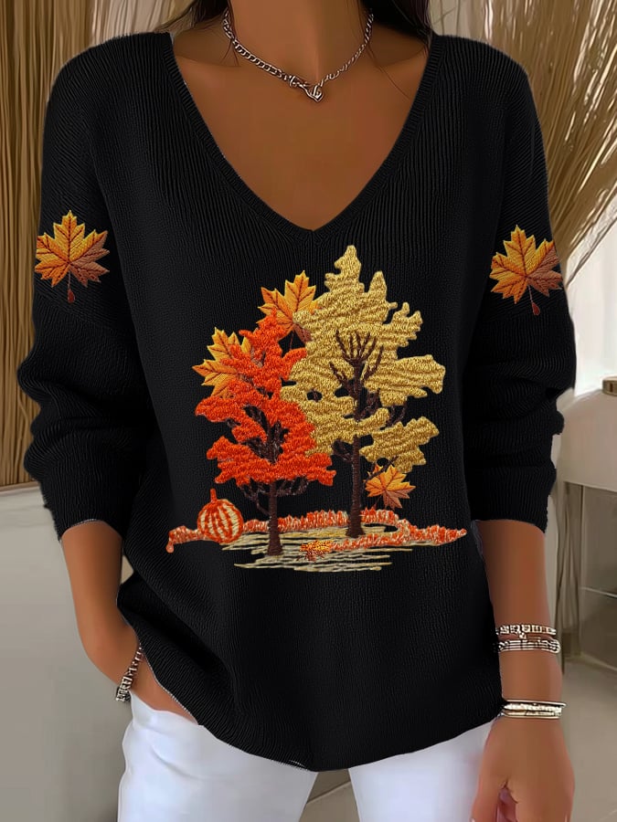 Women's Autumn Maple Leaf Striped Long-Sleeved Top