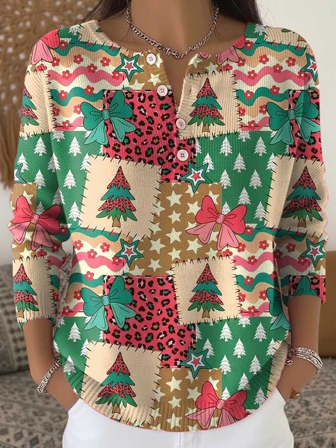 Women's Christmas Print Knit Button Top