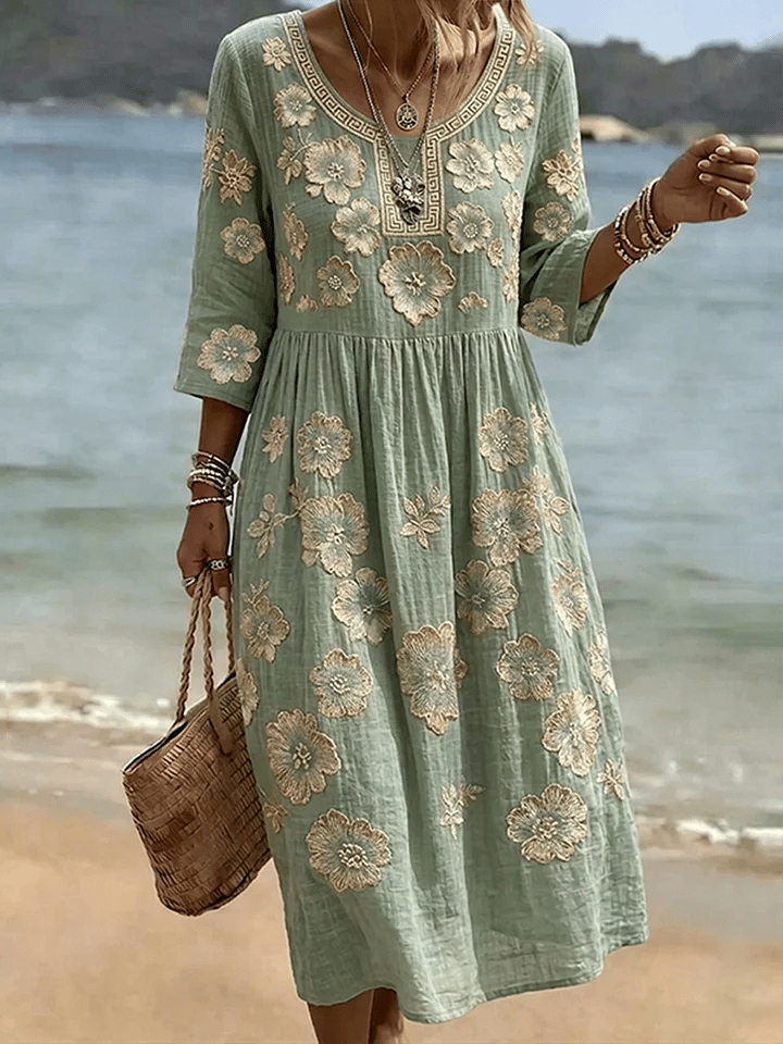 Women's Casual Solid Color Round Neck Mid-Sleeve Floral Print Cotton Linen Dress