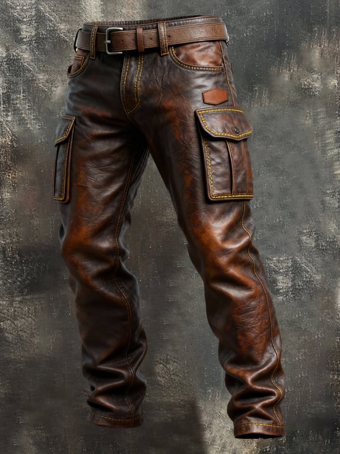 Men's Vintage Leather Stitching Functional Pocket Work Pants