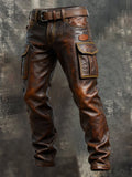 Men's Vintage Leather Stitching Functional Pocket Work Pants