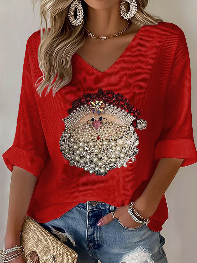 Women's Retro Santa Head Print Shirt