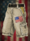 Men's Vintage Flag Independence Day Multi-Pocket Print Cargo Shorts (Belt Not Included)