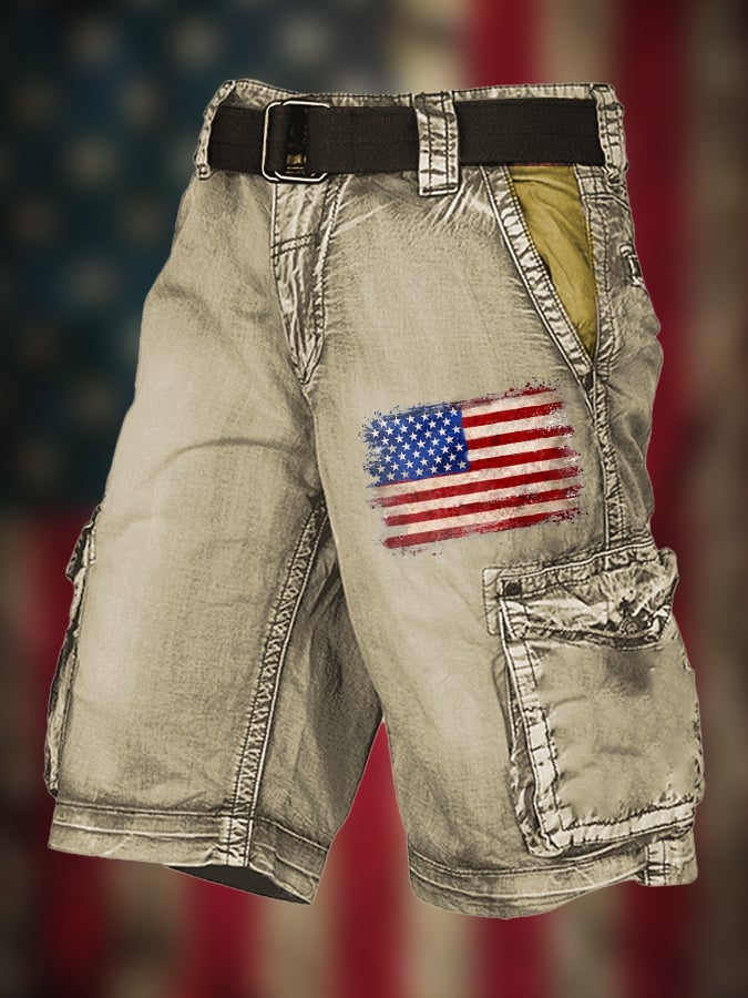 Men's Vintage Flag Independence Day Multi-Pocket Print Cargo Shorts (Belt Not Included)