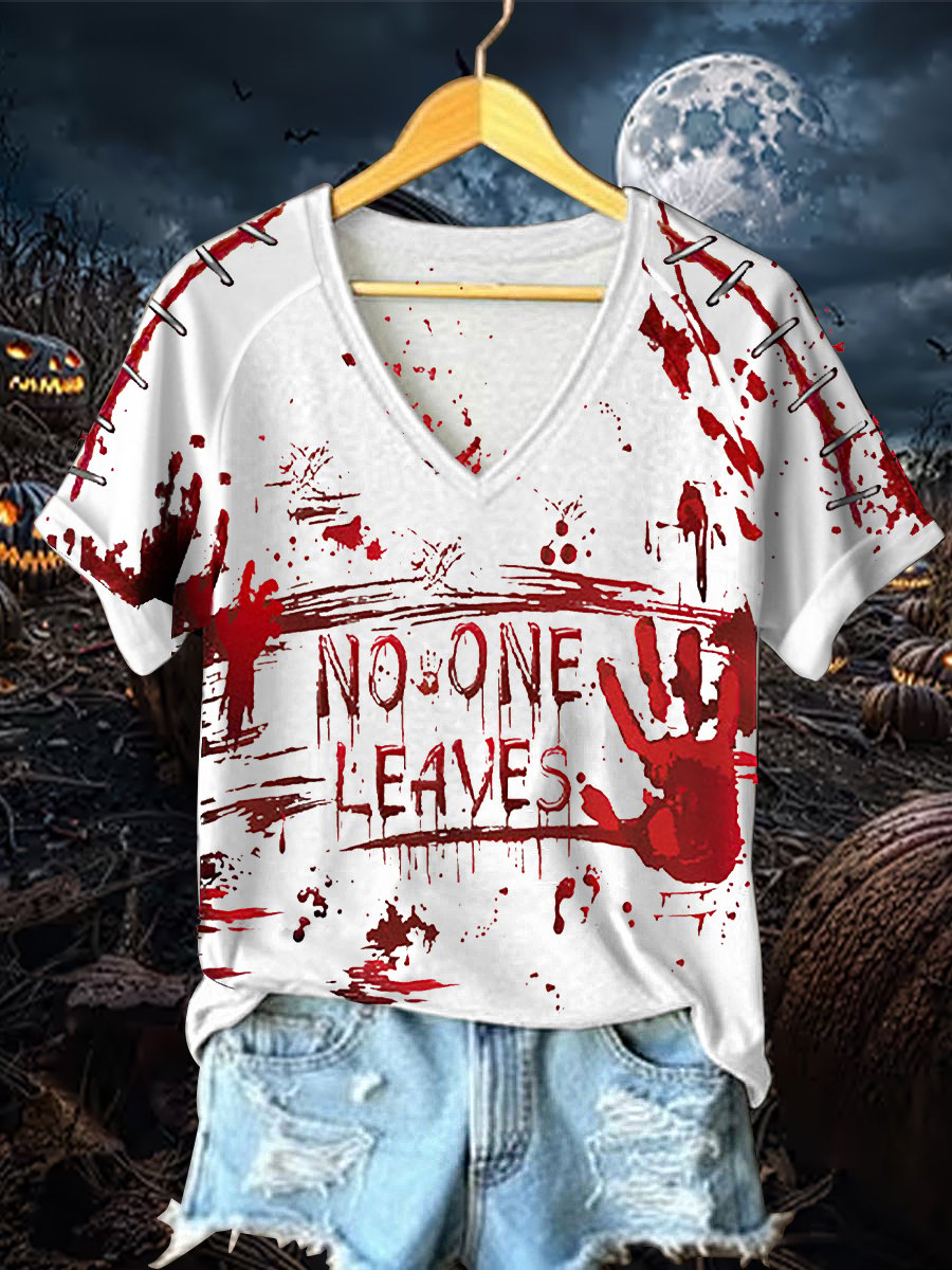 Women's Funny Bloodstained Print V-neck off-shoulder short-sleeved T-shirt