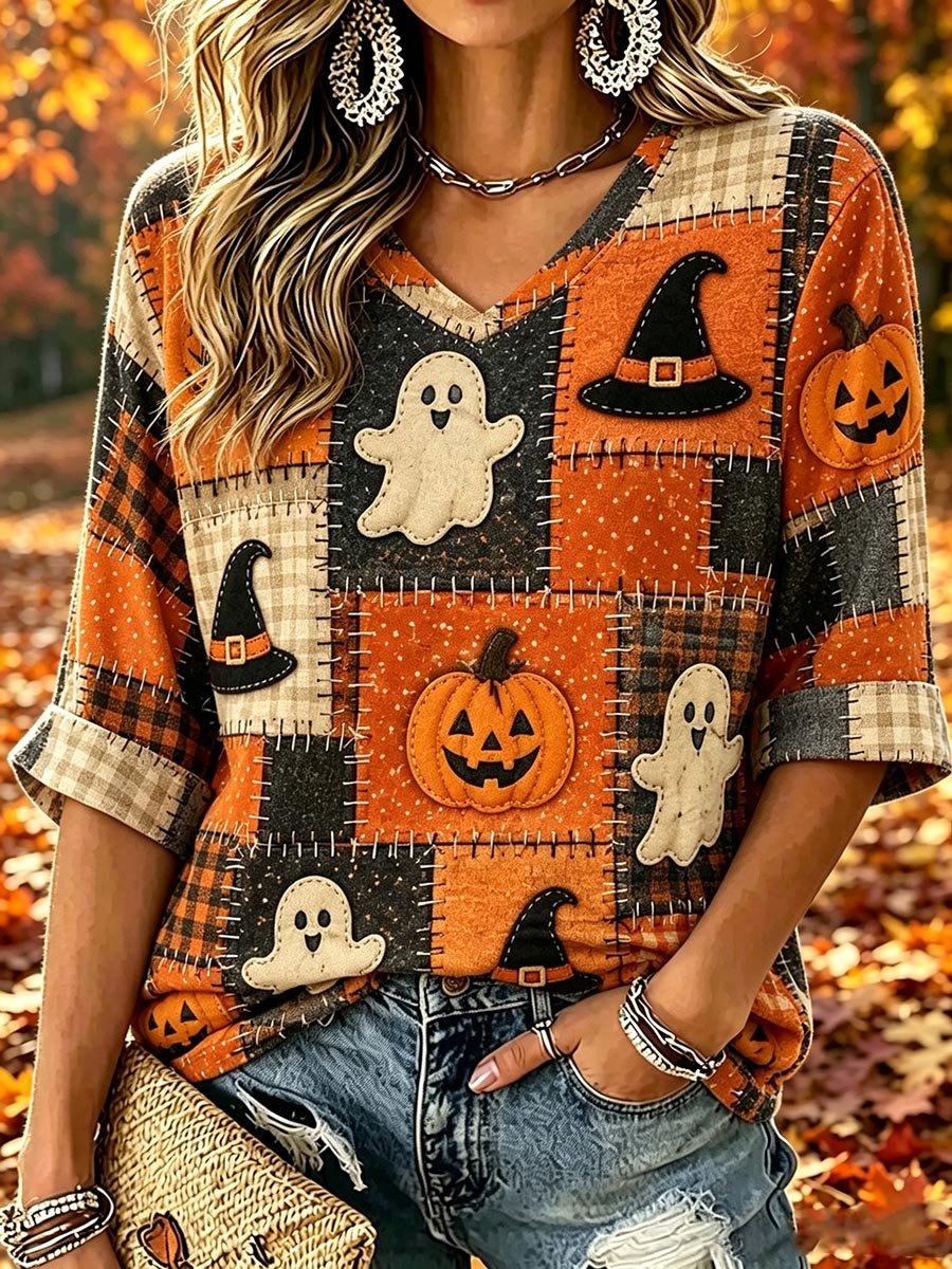 Women's Retro Plaid Patchwork Ghost Halloween Color-Block Casual Top
