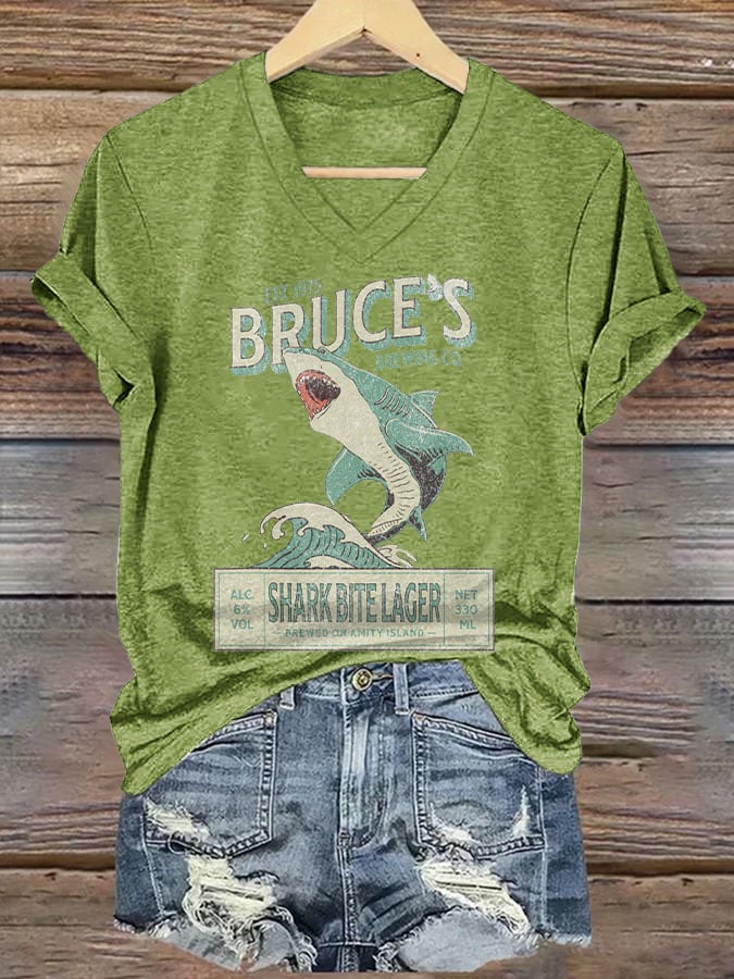 Women's Bruce's Brewing Co. Shark Bite Lager Print V Neck T-shirt