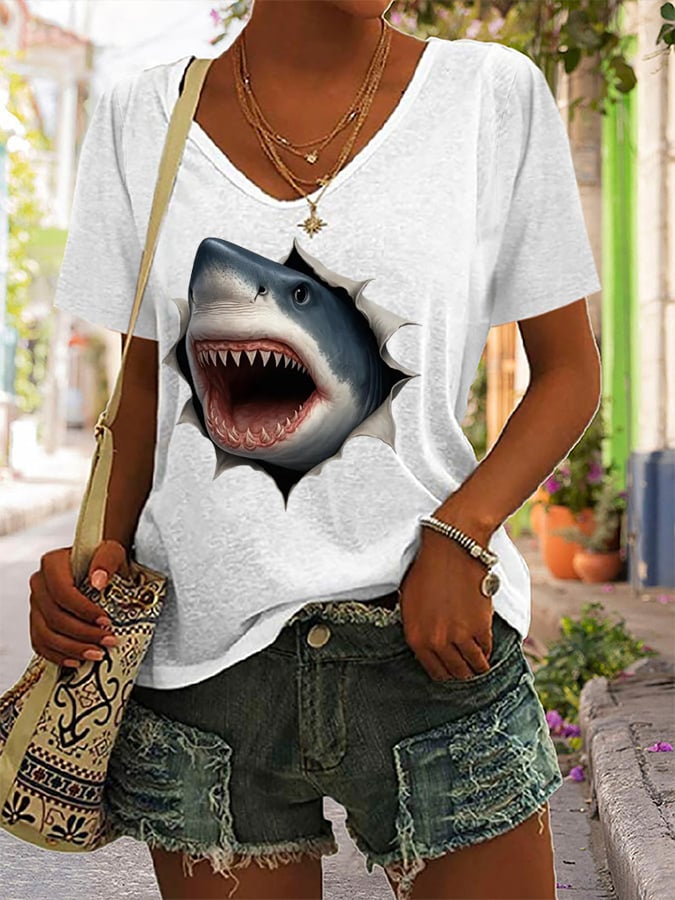 Women's Great White Shark Print Casual T-Shirt