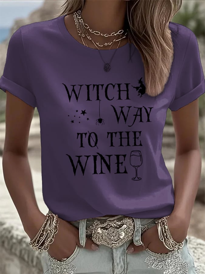 Women's Witch Way To The Wine Print Casual T-shirt