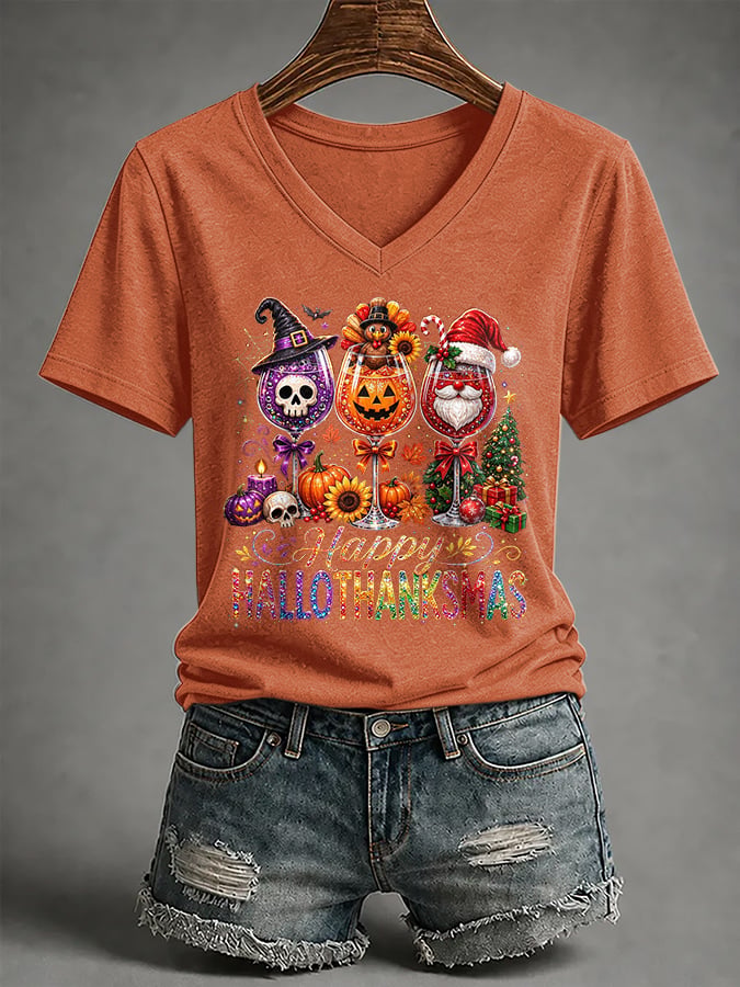 🔥🔥2nd 50% Off 🔥🔥V-Neck Retro Happy Hallothanksmas Halloween Thanksgiving Christmas  Red Wine Glass Skull Turkey Santa Claus Print T-Shirt