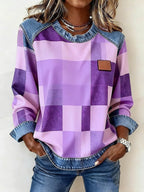 Women'S Casual Round Neck Denim Patchwork Pullover Sweatshirt