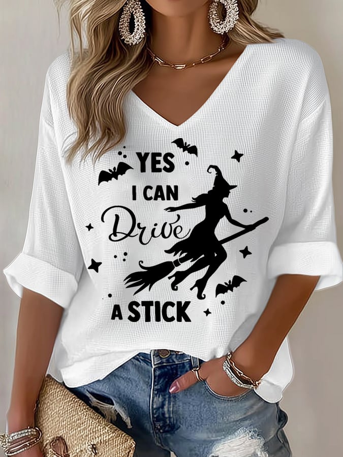 Women's Yes I Can Drive A Stick Print V Neck T-shirt