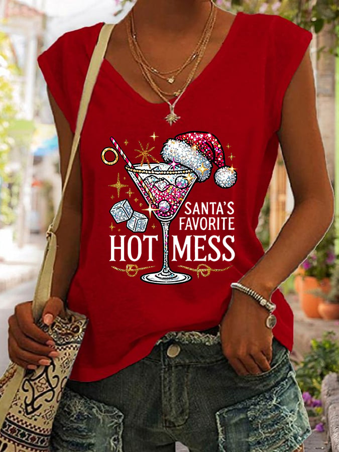 Women's Christmas Santa's Favorite Hot Mess Printed Casual Tank Top