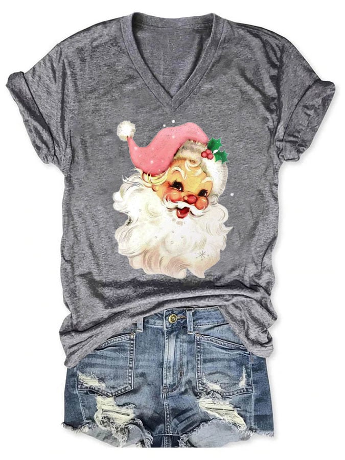 Christmas Retro Pink Santa Print T-Shirt