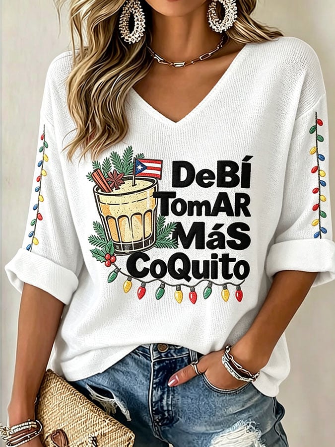 Women's Casual Puerto Rico Christmas Printed Waffle Top