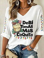 Women's Casual Puerto Rico Christmas Printed Waffle Top