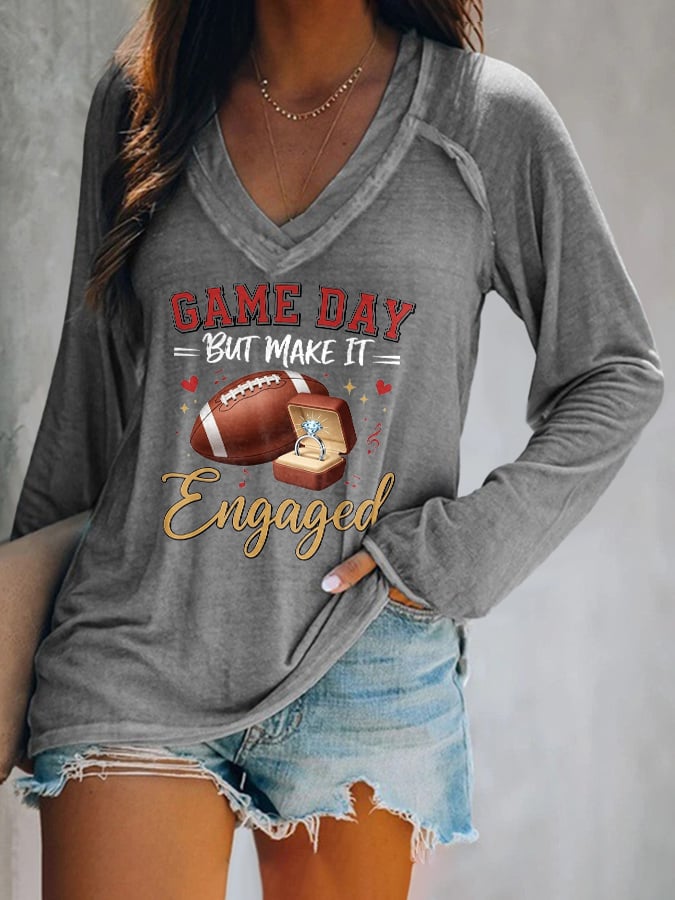 V-neck Retro Football Game Day But Make It Engaged Print T-Shirt