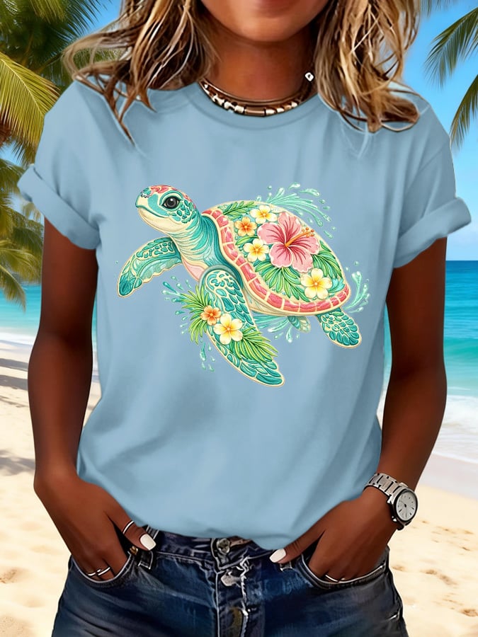 Retro Vacation Beach Colorful Sea Turtle Floral Print T-Shirt