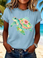 Retro Vacation Beach Colorful Sea Turtle Floral Print T-Shirt