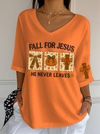 Women's Retro Fall For Jesus He Never Leaves Print T-Shirt