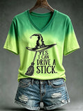 Women's Gothic-Style Halloween Witch and Black Cat V-Neck T-Shirt