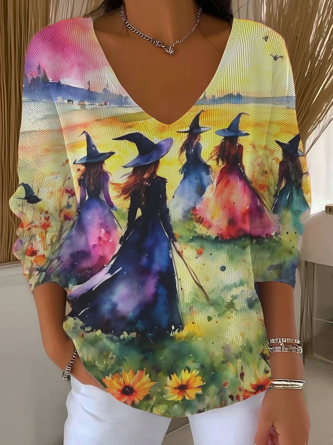 Women's Halloween witch print long-sleeved T-shirt