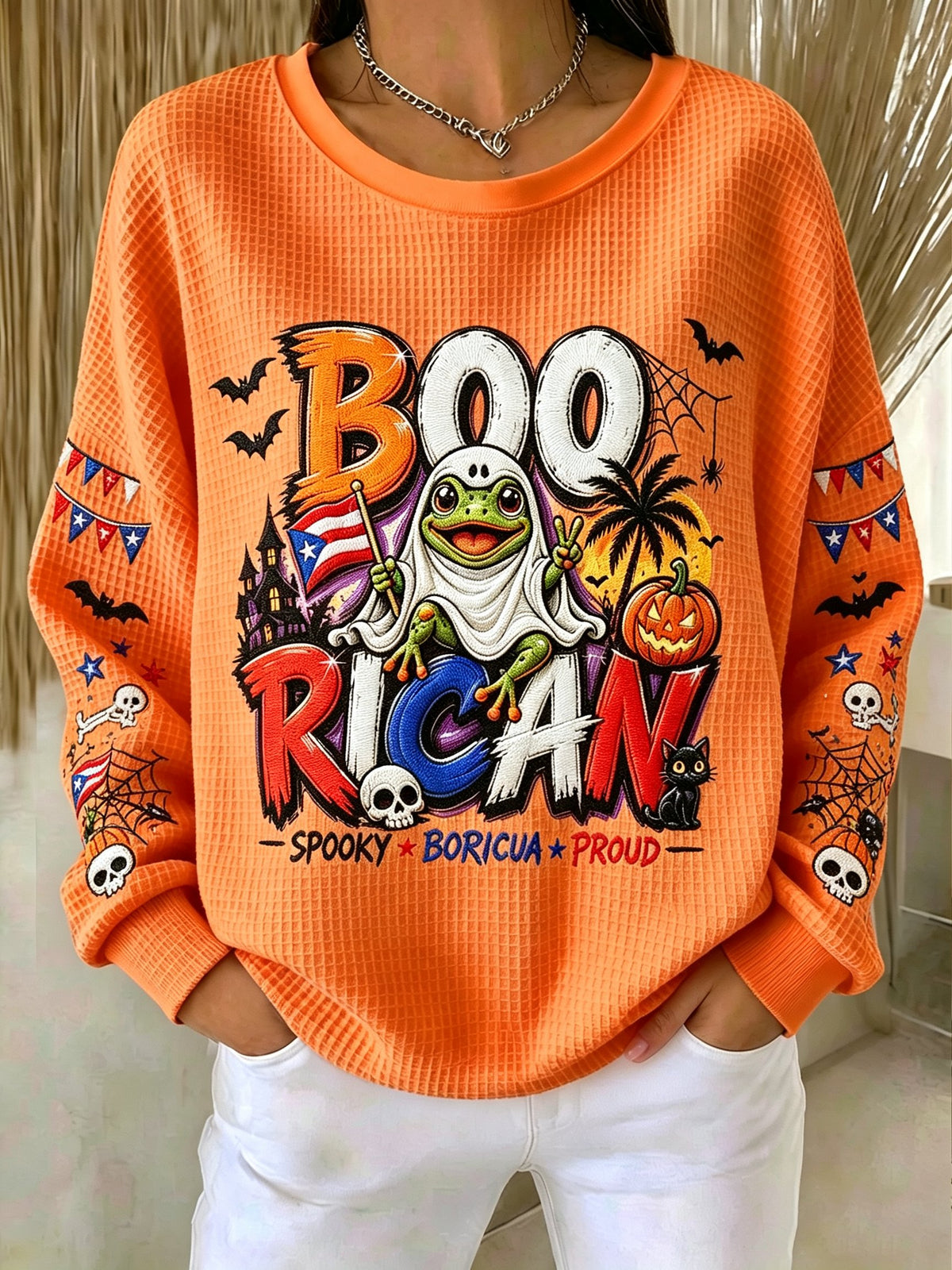 Women's Halloween in Puerto Rico Print Waffle-Knit Top