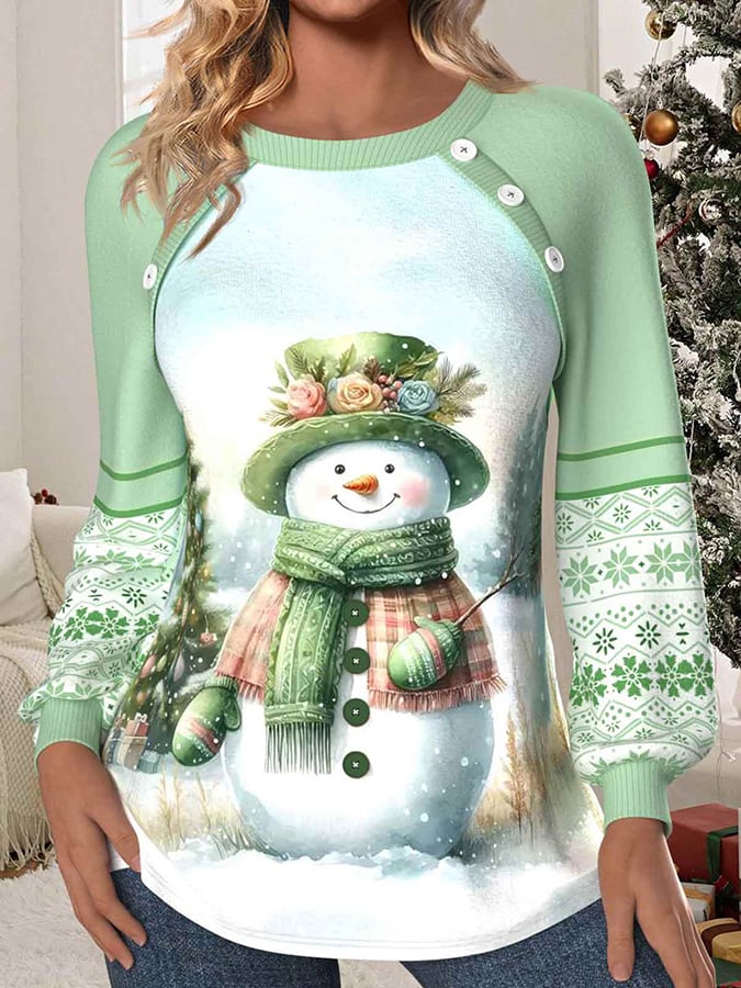 Women's Christmas Printed Raglan Crew Neck Top