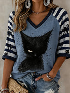 Women's Black Cat Striped Casual T-Shirt