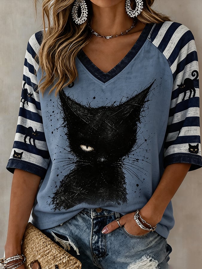 Women's Black Cat Striped Casual T-Shirt