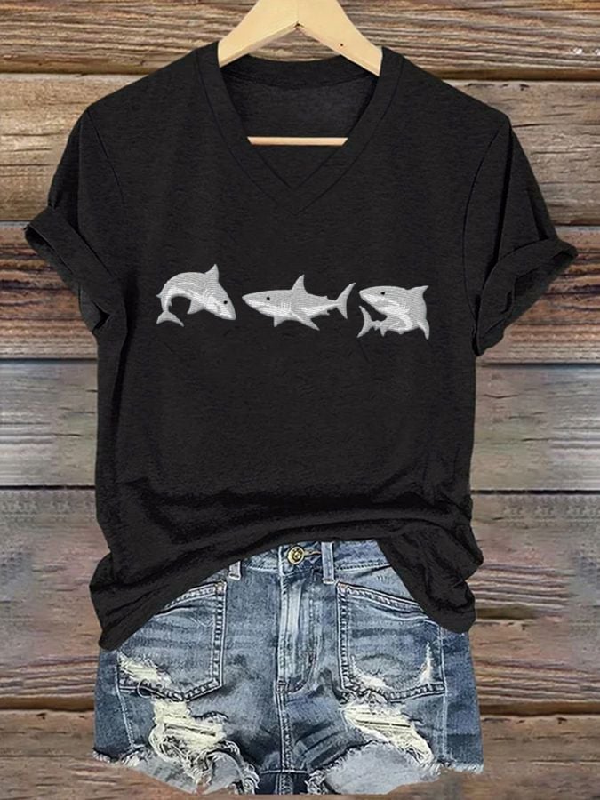 Women's Great White Shark Casual V-Neck T-Shirt