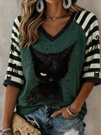 Women's Black Cat Striped Casual T-Shirt