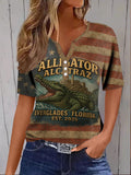 Women's Retro Casual Crocodile Island Print T-shirt