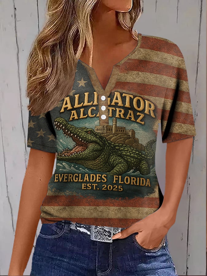 Women's Retro Casual Crocodile Island Print T-shirt