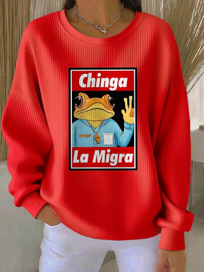 Women's Chinga La Migra Printed Knit Crew Neck Long-Sleeved Top