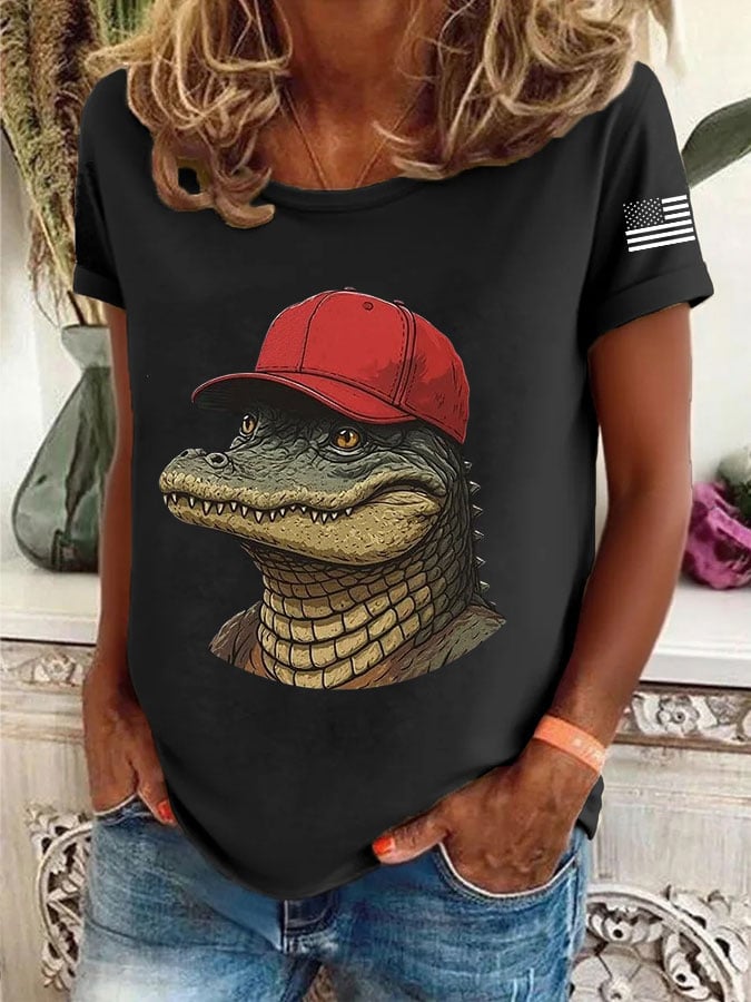 Women's Alligator Alcatraz Printed Round Neck T-Shirt