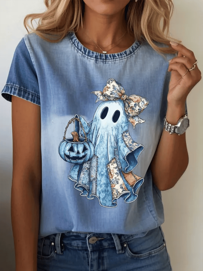 Women's Halloween Ghost Pumpkin Print T-shirt