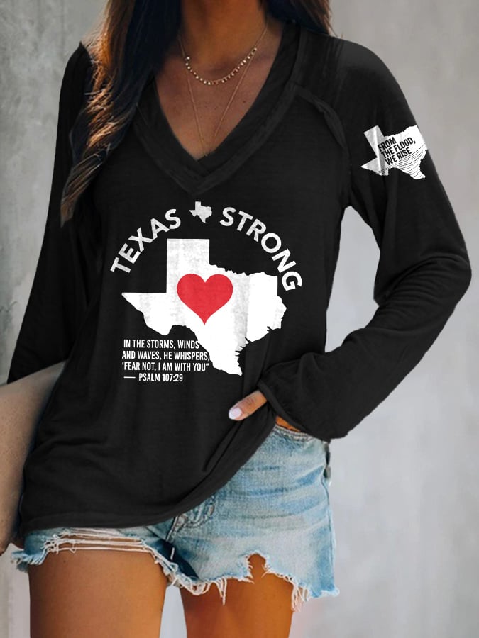 V-neck Retro Texas Strong From The Flood, We Rise Texas Strong In The Storms, Winds And Waves, He Whispers,“Fear Not, I Am With You”— Psalm 107:29 Print T-Shirt