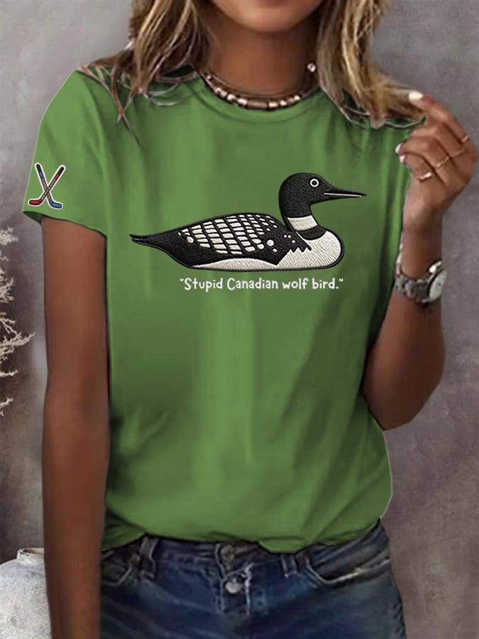 Women's Stupid Canadian wolf bird Print T-shirt